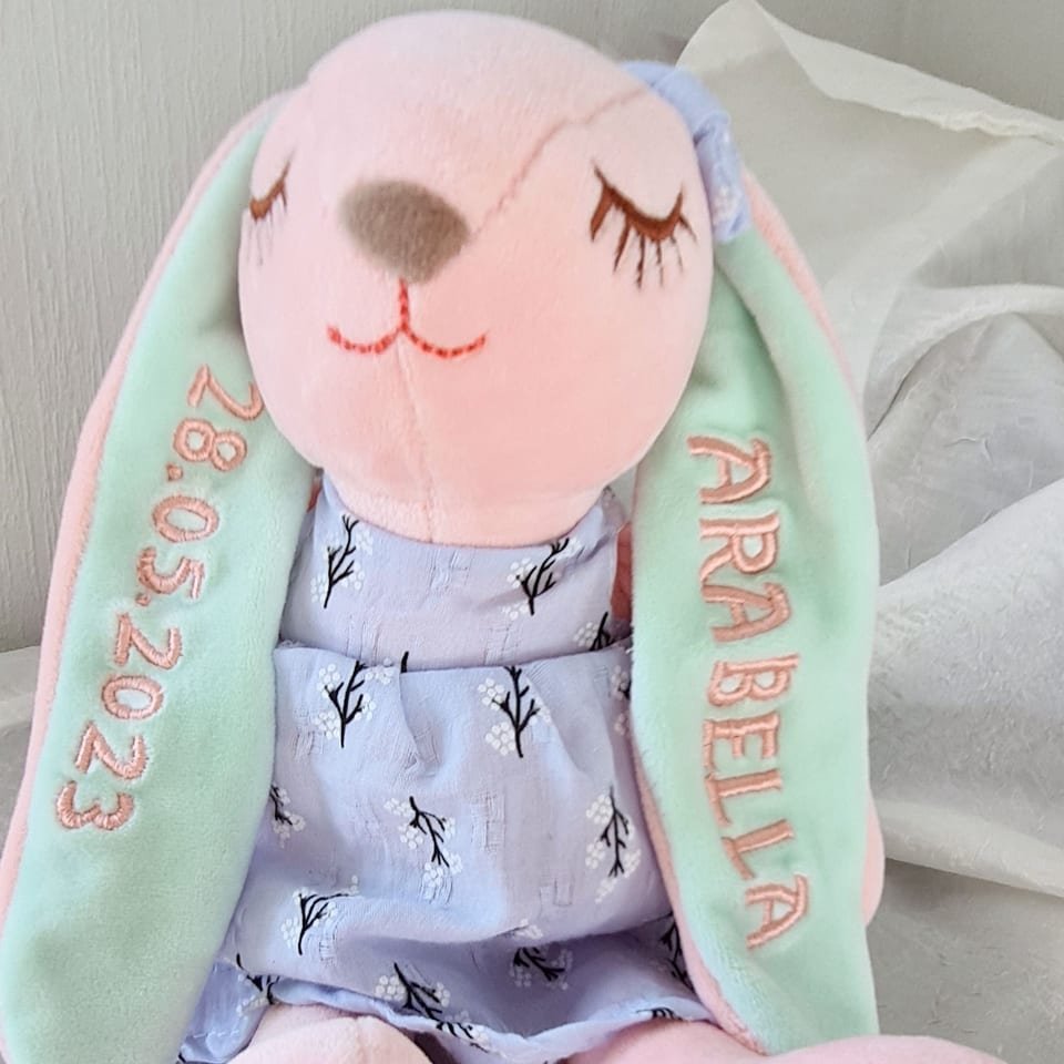 Soft-toy bunny with an embroidered name