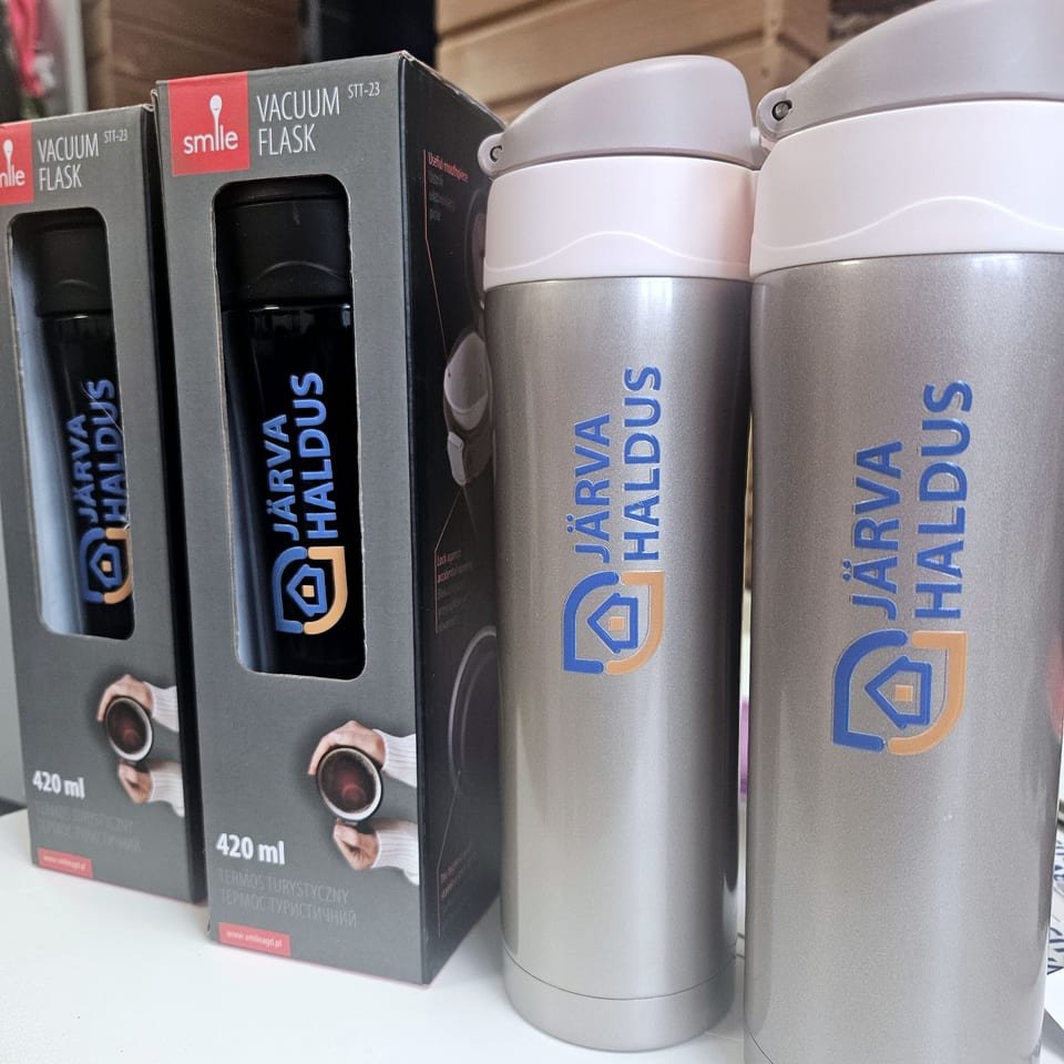 Thermos flasks with a company logo